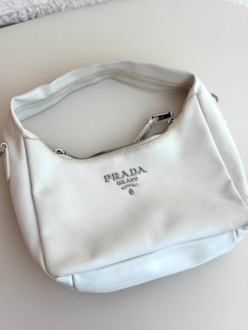 Authentic Prada White Leather Hobo Shoulder Bag Mini Underarm Bag